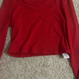 SHEIN Red Ribbed Long Sleeve Blouse